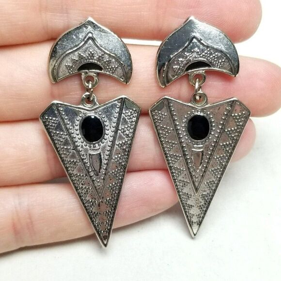 Vintage Silver Tone and Black Enamel Triangle Dangle Stud Earrings, Bold Design - Picture 1 of 6